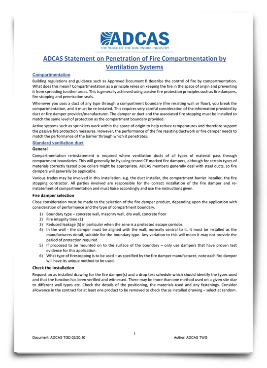 ADCAS TGD 02/20.10 Statement on Penetration of Fire Compartmentation by Ventilation Systems